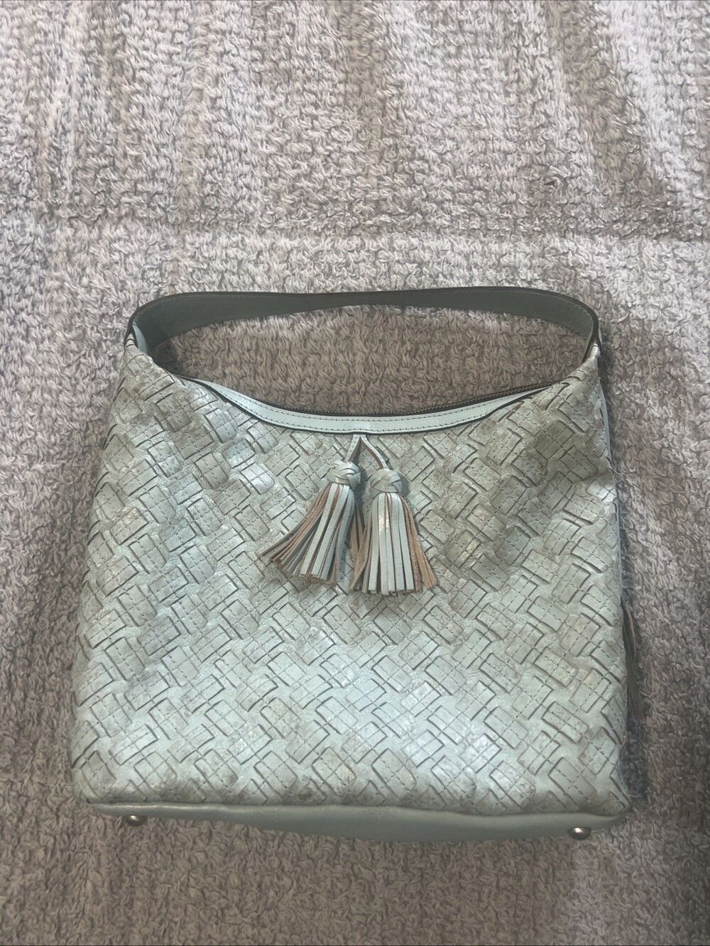 Patricia Nash Maissana Leather Hobo tassel bag Embossed Blue Boho Cottage Core - Picture 2 of 14